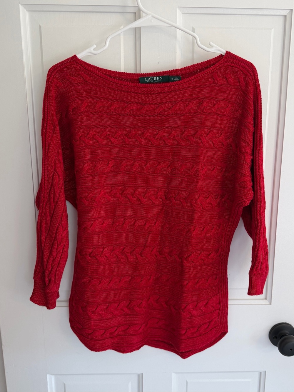 Lauren Ralph Lauren Red Cable Knit Boat Neck Sweater Cotton Blend M